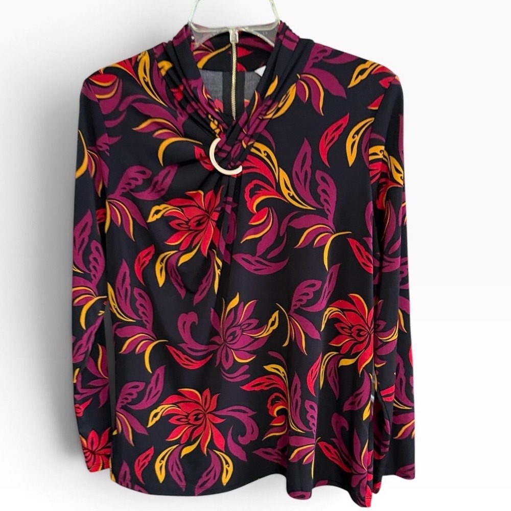 Liz Claiborne Floral Blouse Womens PL Black Red Gold Ring Detail Mock Neck Top